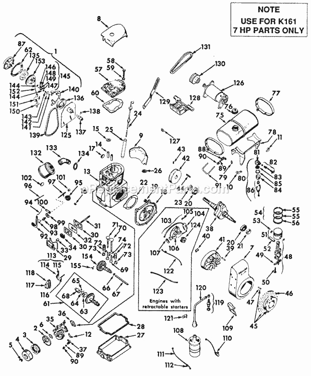 Engine-K161 Series-7 Hp Diagram and Parts List for 70  Cub Cadet Lawn Tractor